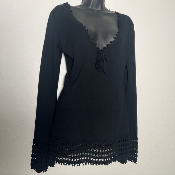 Yoana Baraschi Black V Neck Crochet Hem Cuff Tunic sweater L Indie Boho Hippie - Picture 2 of 14